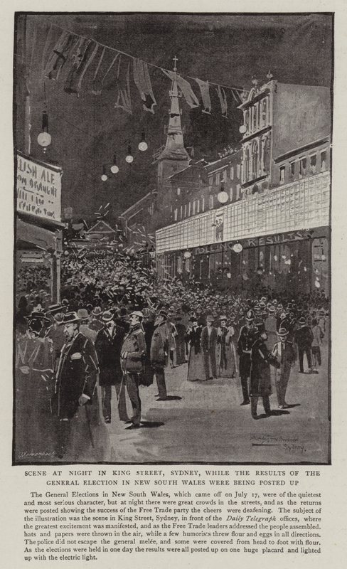 Scene om natten i King Street, Sydney, mens resultatene av det generelle valget i New South Wales ble lagt ut av Albert Henry Fullwood