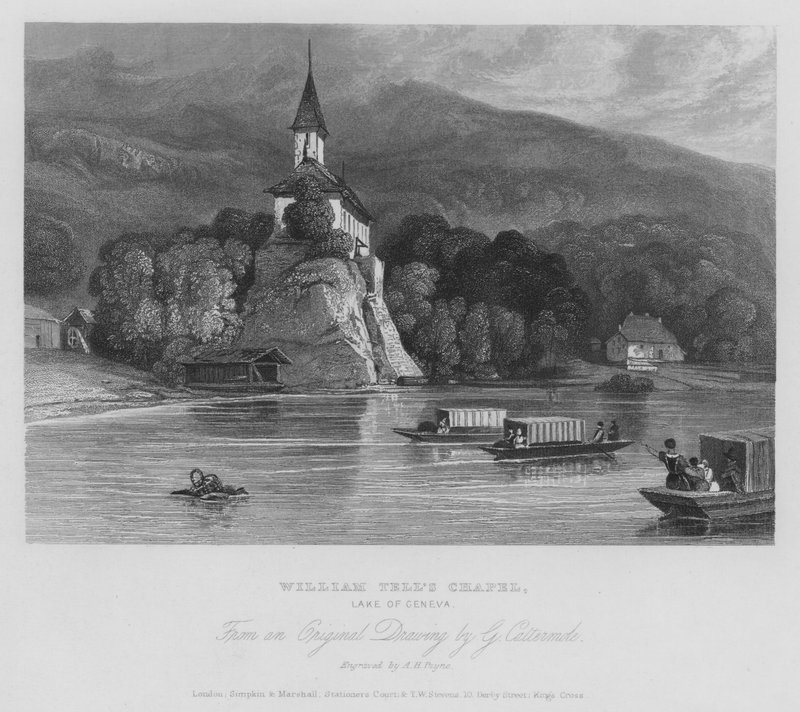William Tells kapell, Genfersjøen, Sveits (gravering) av Albert Henry Payne