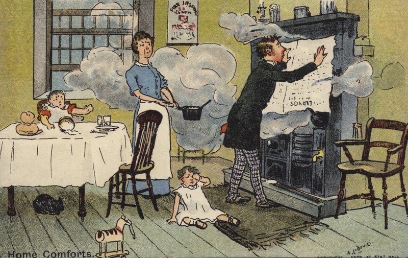 Tegneserie av en familie i et røykfylt rom av Albert Jnr. Ludovici