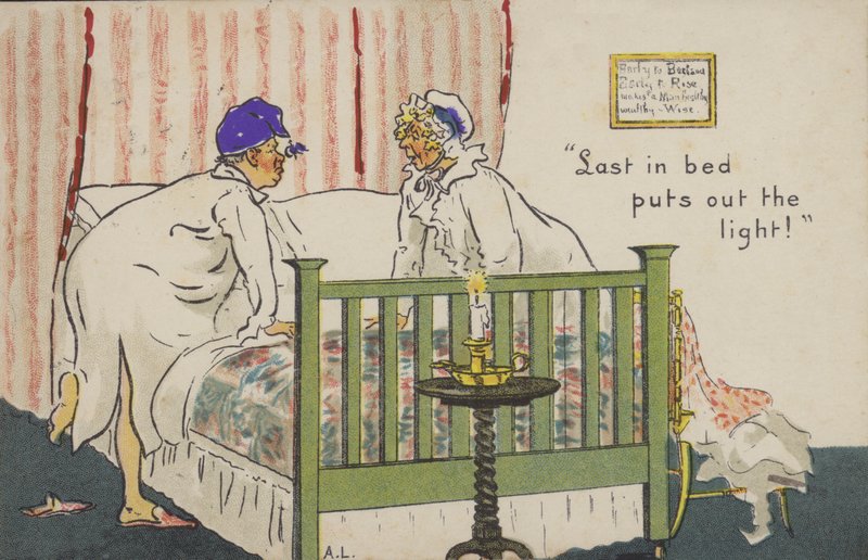"Sist i sengen slukker lyset!" (farge litho) av Albert Jnr. Ludovici