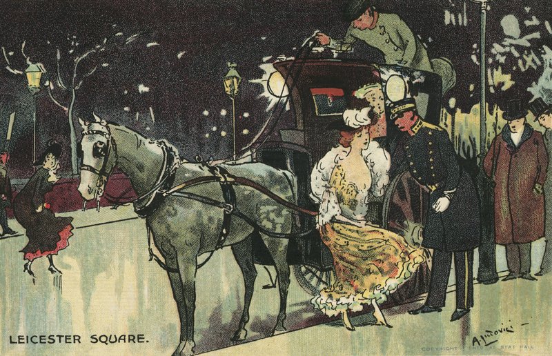 Kvinne forlater en vogn, Leicester Square (farge litho) av Albert Jnr. Ludovici