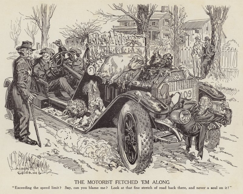 Tegneserie som håner en mann som kjører bilen sin over fartsgrensen (litho) av Albert Levering