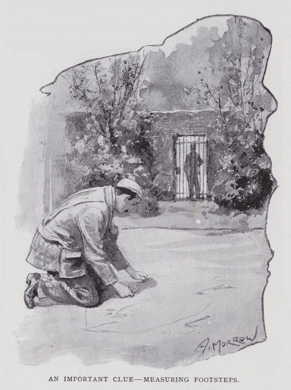 En viktig ledetråd, måling av fotspor (litho) av Albert Morrow