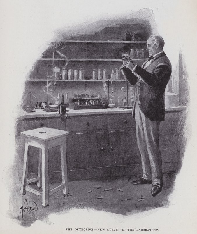 Detektiven, ny stil, i laboratoriet (litho) av Albert Morrow