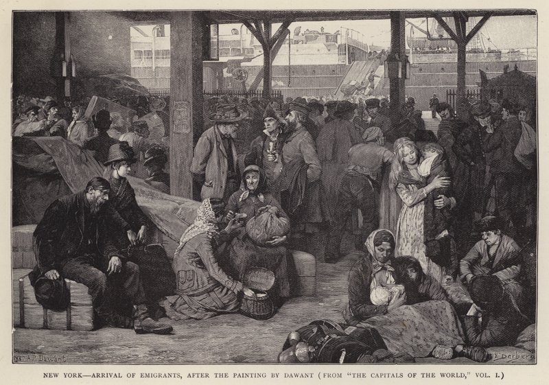 New York - Ankomst av emigranter (litho) av Albert Pierre Dawant