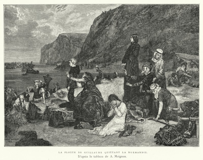 Guillaumes flåte forlater Normandie (gravering) av Albert Pierre René (after) Maignan