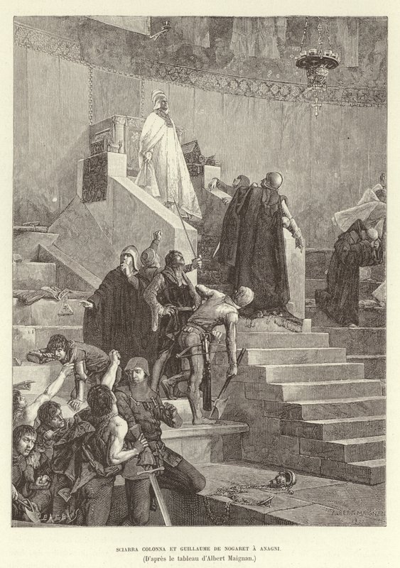 Sciarra Colonna og Guillaume de Nogaret i Anagni. Sciarra Colonna og Guillaume de Nogaret konfronterer pave Boniface VIII i Anagni, Italia av Albert Pierre Rene Maignan