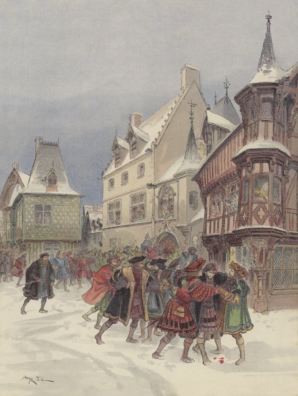Snøkamp ved Romorantin, den sårede kongen stormet huset til Saint-Pol av Albert Robida