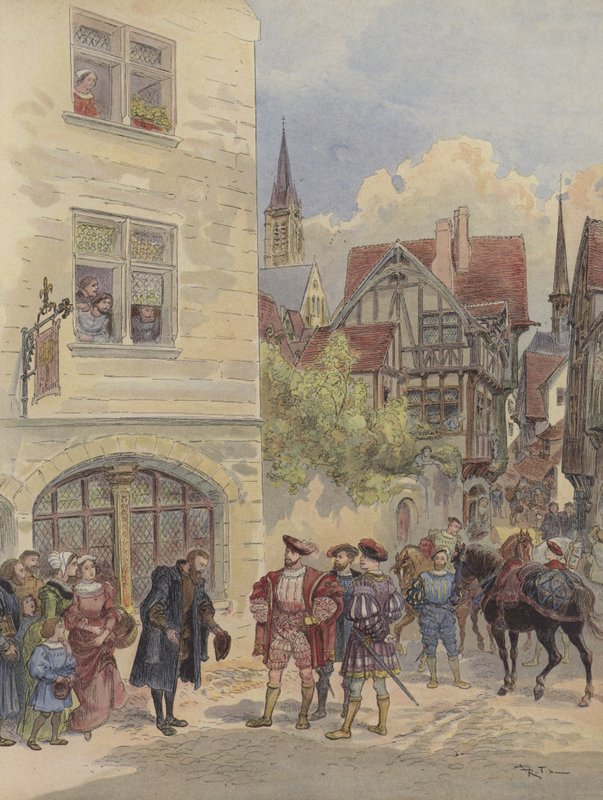 Francois I blir mottatt av Estienne, ved døren til trykkeriet hans, ved Olivier-skiltet, rue Saint-Jean-de-Beauvais, i Paris av Albert Robida