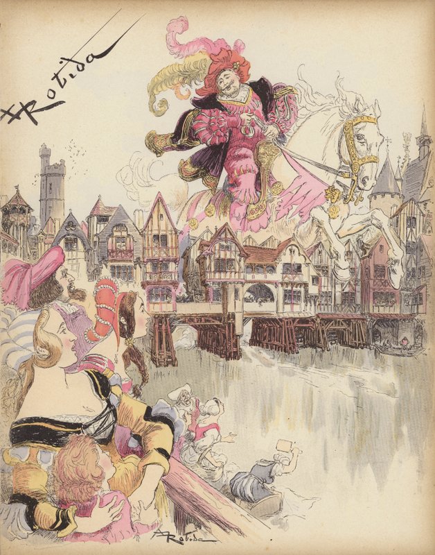 Rytter hopper over en bro (farge litho) av Albert Robida