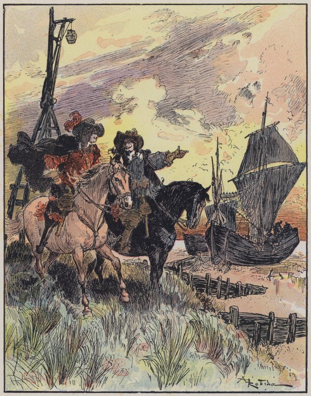 Illustrasjon for Le Capitaine Bellormeau av og illustrert av A Robida (farge litho) av Albert Robida