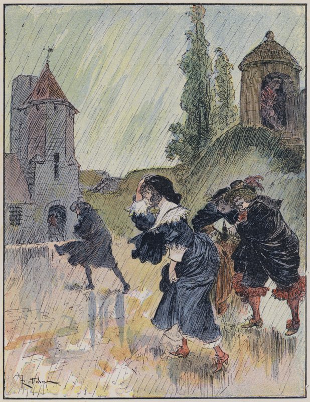 Illustrasjon for Le Capitaine Bellormeau av og illustrert av A Robida (farge litho) av Albert Robida