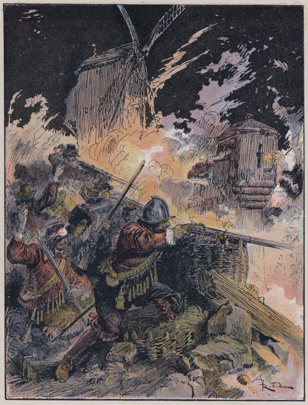 Illustrasjon for Le Capitaine Bellormeau av og illustrert av A Robida (farge litho) av Albert Robida
