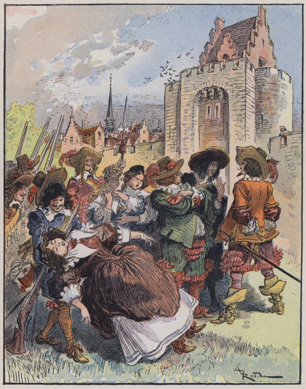 Illustrasjon for Le Capitaine Bellormeau av og illustrert av A Robida (farge litho) av Albert Robida