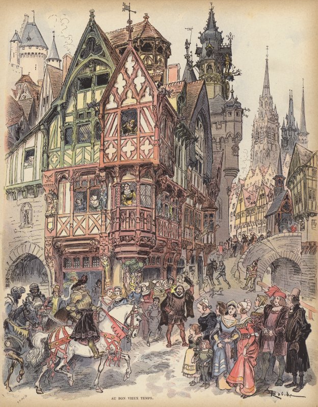 I de gode gamle dager (farge litho) av Albert Robida