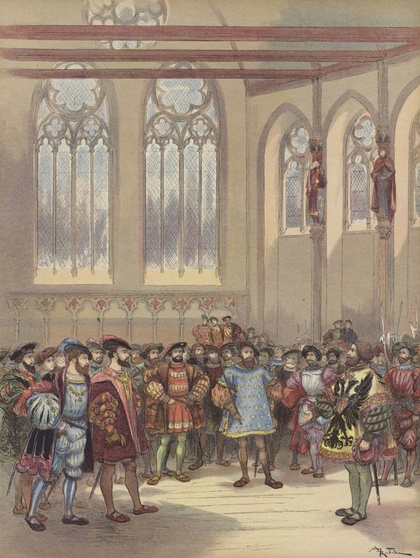 Burgundheralden, sendt av Charles-Quint, blir mottatt av Francois I i parlamentets store sal av Albert Robida