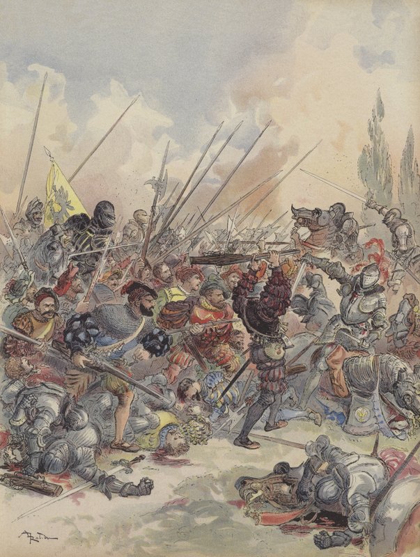 Kongen ved Pavia, faller fra hesten, såret, kjemper mot skyen av angripere som omgir ham (farge litho) av Albert Robida