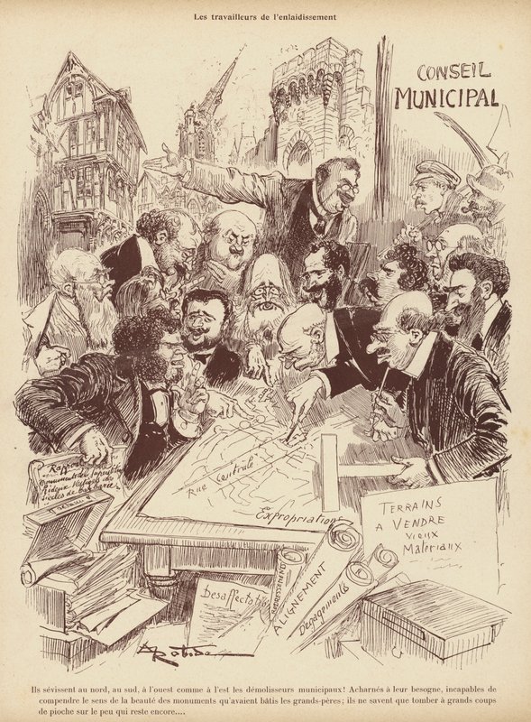 The Workers of the Disfigurement: planleggingsavdelingen til et kommunestyre (litho) av Albert Robida