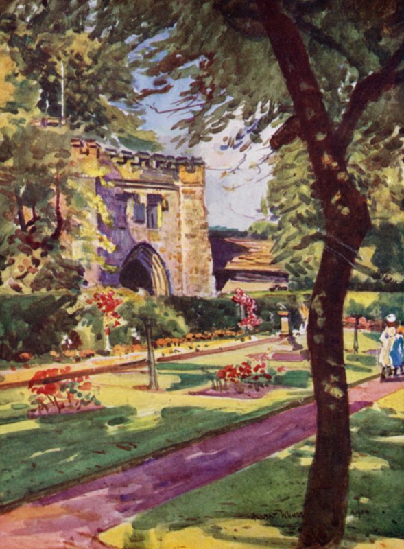 Whalley Abbey, North-Eastern Gateway (farge litho) av Albert Woods