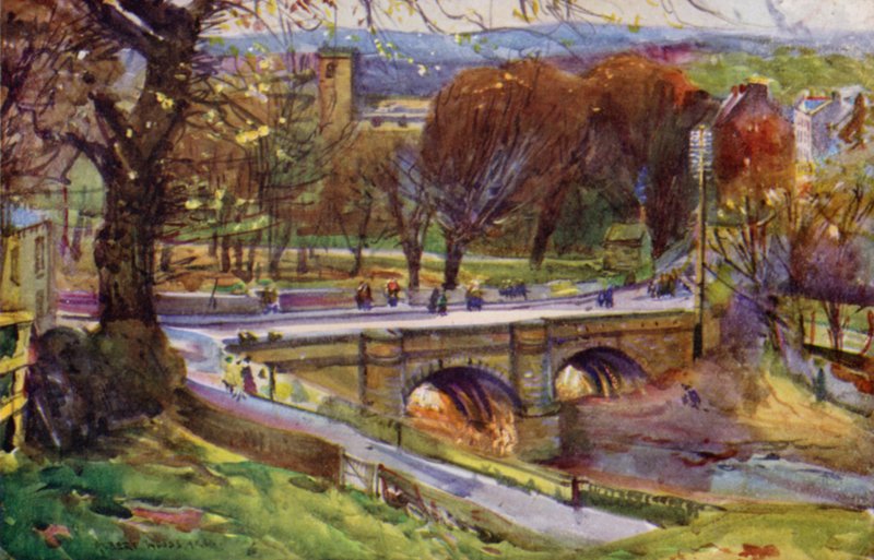 Whalley, kirken og landsbyen (farge litho) av Albert Woods