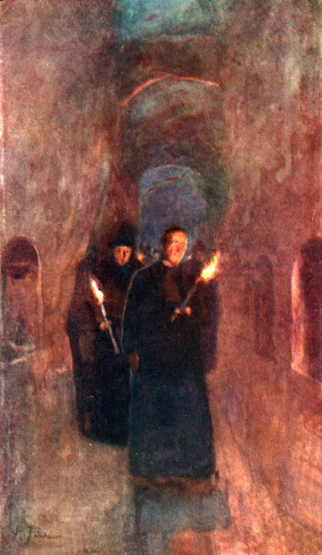 En prosesjon i katakomben til Callistus av Alberto Pisa