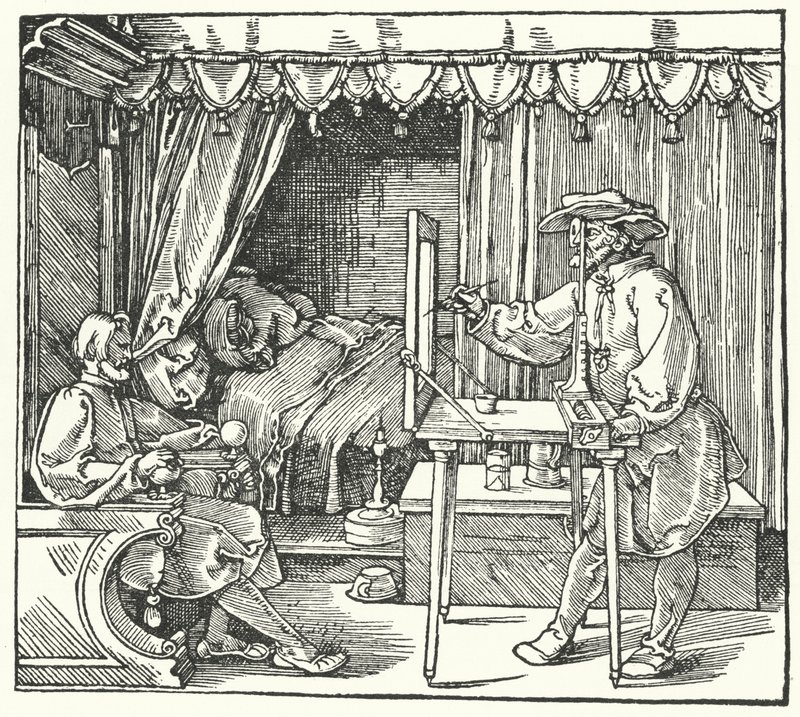 Metode for å produsere et skalabilde ved å merke omrisset av objektet på et glassark (gravering) av Albrecht (after) Durer or Duerer