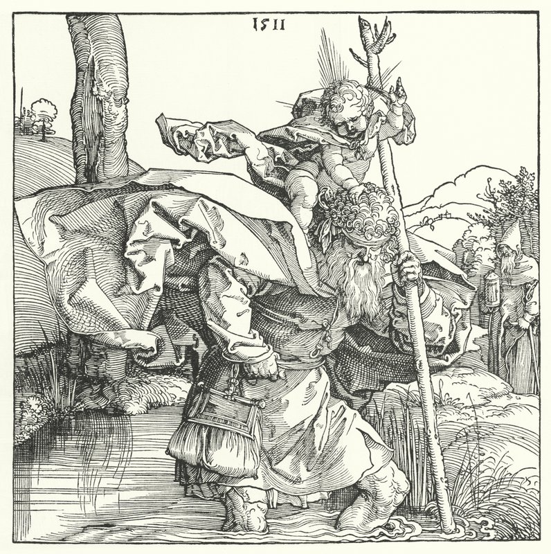 St Christopher bærer spedbarnet Kristus (gravering) av Albrecht (after) Durer or Duerer