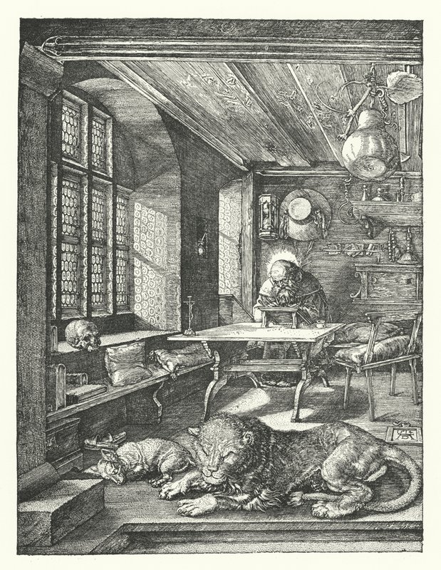 St Hieronymus i hans studie (gravering) av Albrecht (after) Durer or Duerer