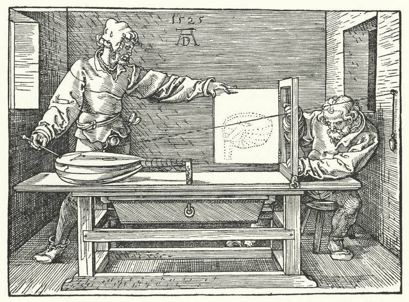 Bruken av strenger for å konstruere et perspektivbilde av en lut (gravering) av Albrecht (after) Durer or Duerer