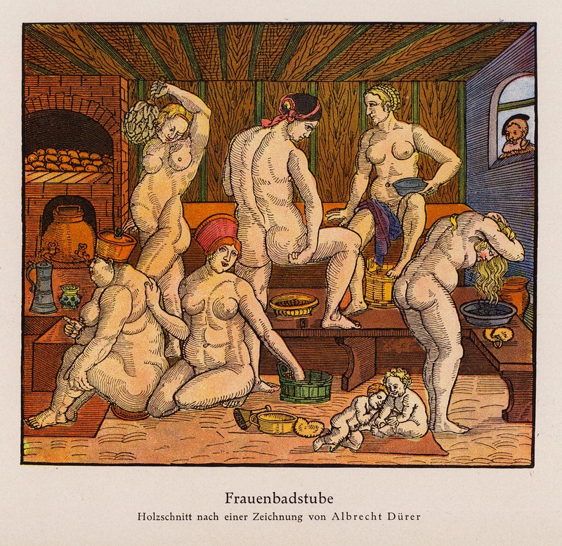 Damebad (farge litho) av Albrecht (after) Durer or Duerer