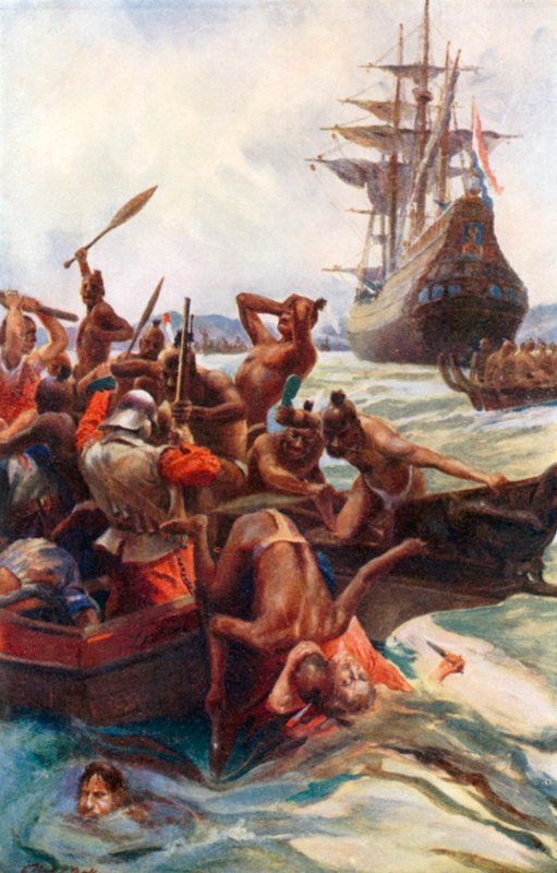 Tasmans menn angrepet av innfødte utenfor kysten av New Zealand (fargelitografi) av Alec Ball