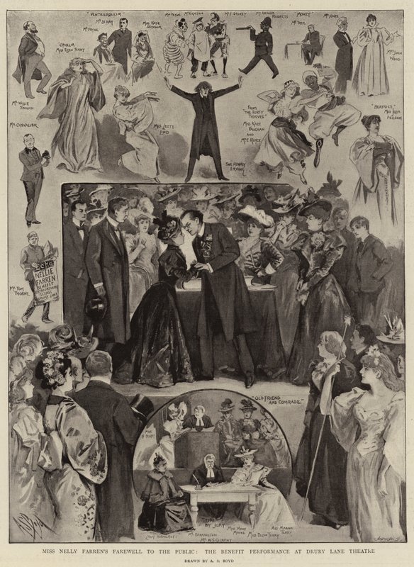 Frøken Nelly Farrens farvel til publikum, Benefit-forestillingen på Drury Lane Theatre av Alexander Stuart Boyd