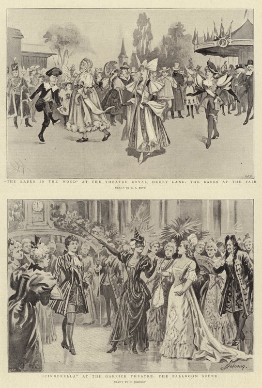 Babes in the Wood på Theatre Royal, Drury Lane, Babes på messen, Askepott på Garrick Theatre, Ballroom Scene av Alexander Stuart Boyd