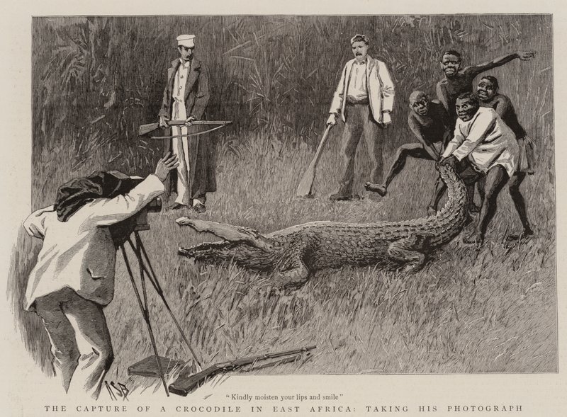 Fangsten av en krokodille i Øst-Afrika, tar fotografiet hans av Alexander Stuart Boyd