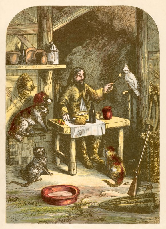 Robinson Crusoe på middag med sin lille familie av Alexander Francis Lydon