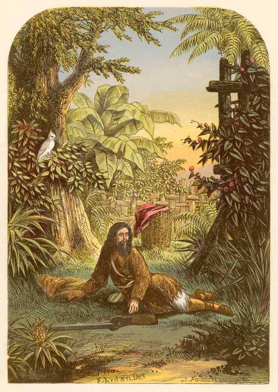 Robinson Crusoe våknet fra søvnen av papegøyen sin av Alexander Francis Lydon