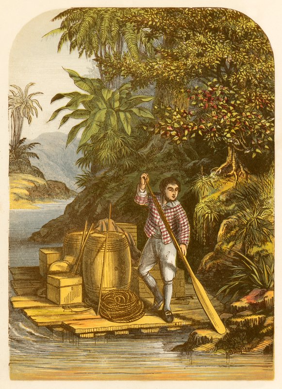 Robinson Crusoe ved hjelp av en flåte sparer mange nyttige artikler fra skipet av Alexander Francis Lydon