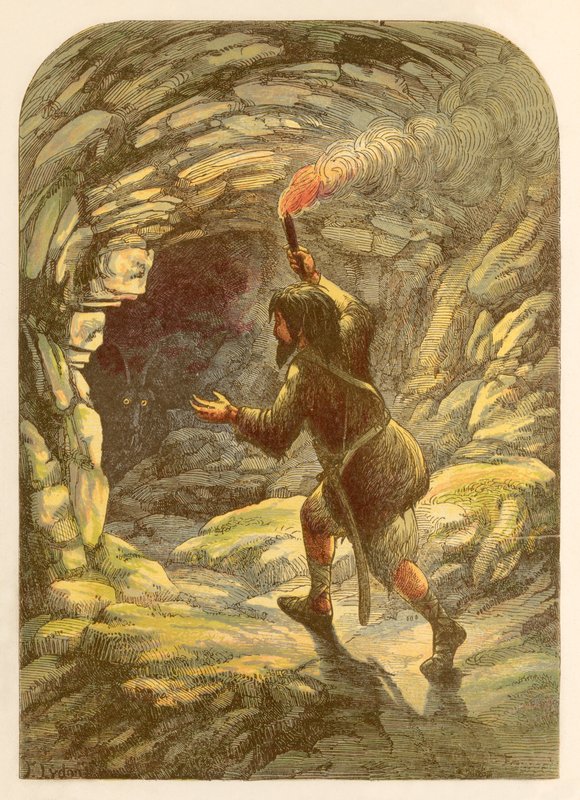 Robinson Crusoe skremt av en geit i en hule av Alexander Francis Lydon