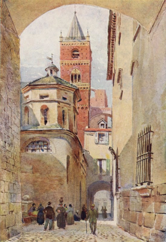 Albenga, katedraltårnet og dåpskapellet (farge litho) av Alexander Henry Hallam Murray