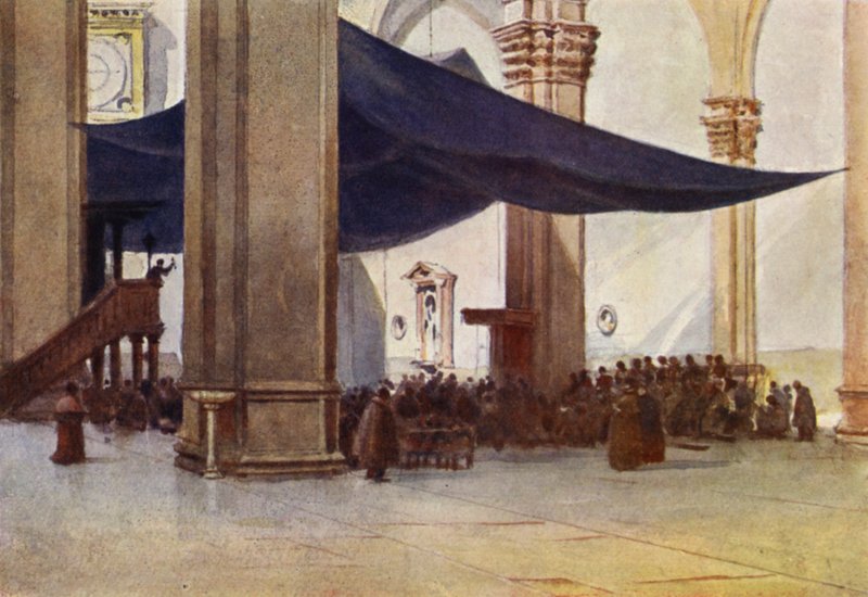 Firenze, interiøret i Duomo under fasteforkynnelsen (farge litho) av Alexander Henry Hallam Murray