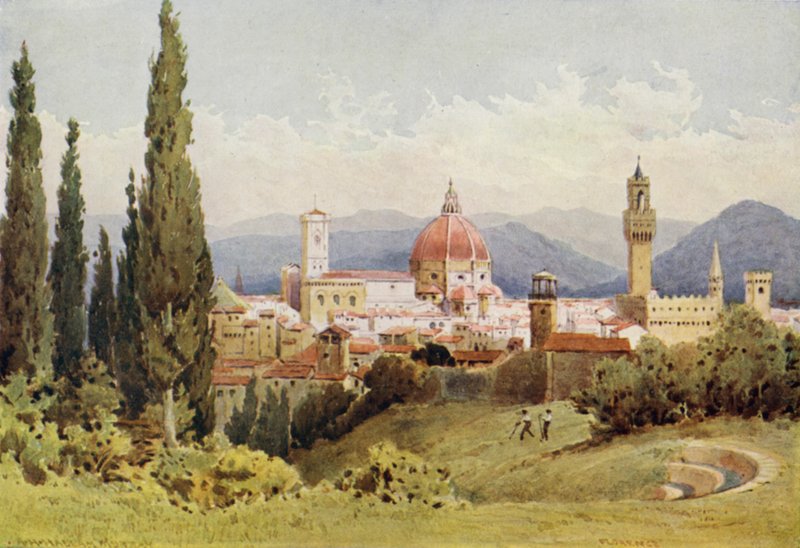Firenze fra Boboli-hagene, ser mot Fiesole (farge litho) av Alexander Henry Hallam Murray