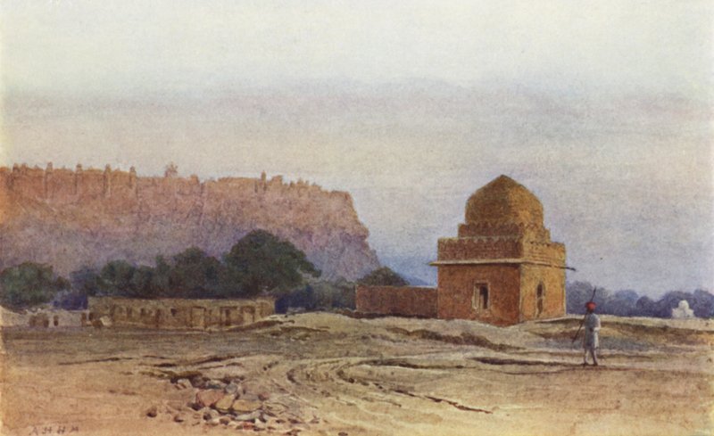 Gwalior Fort før soloppgang (farge litho) av Alexander Henry Hallam Murray