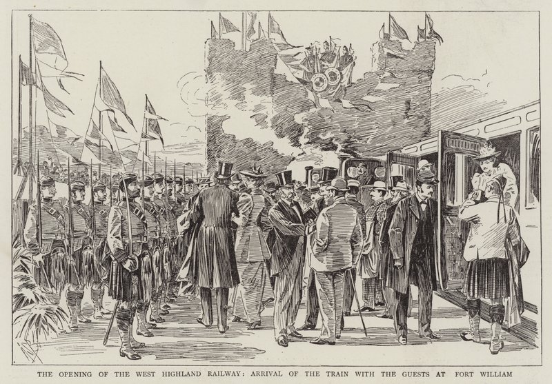 Åpningen av West Highland Railway, ankomst av toget med gjestene på Fort William av Alexander Stuart Boyd