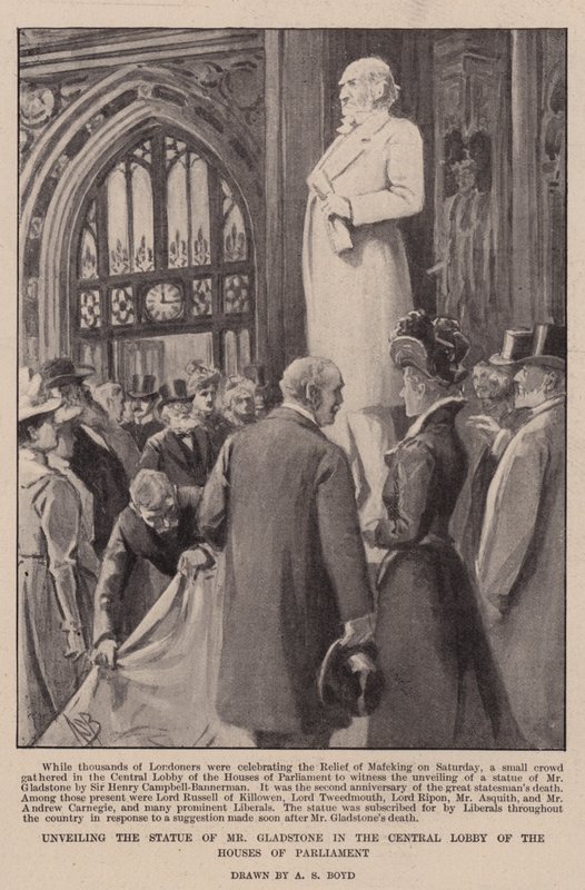 Avduking av statuen av Mr Gladstone i den sentrale lobbyen til Houses of Parliament av Alexander Stuart Boyd