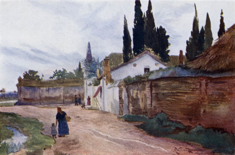 Utenfor bymurene, Sevilla (farge litho) av Alexander Wallace Rimington