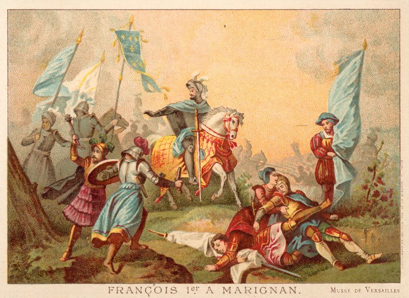 Frans I av Frankrike i slaget ved Marignano, 1515 (chromolitho) av Alexandre Evariste Fragonard