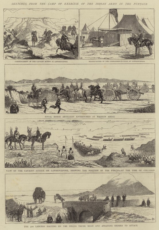 Skisser fra øvelsesleiren til den indiske hæren i Punjaub av Alfred Chantrey Corbould