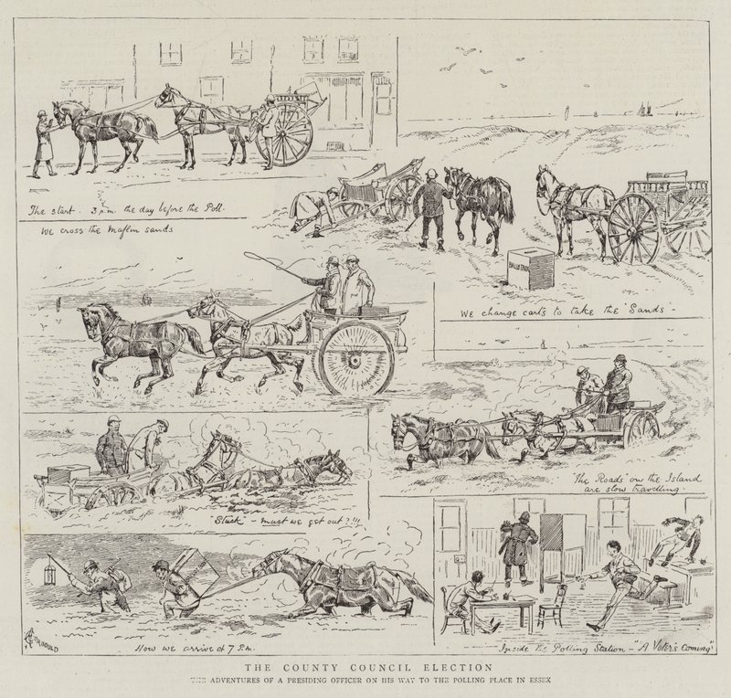 Fylkestingsvalget, eventyrene til en formann på vei til valglokalet i Essex av Alfred Chantrey Corbould