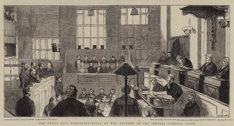 The Great City Forgeries, rettssak mot siktede ved Central Criminal Court av Alfred Chantrey Corbould
