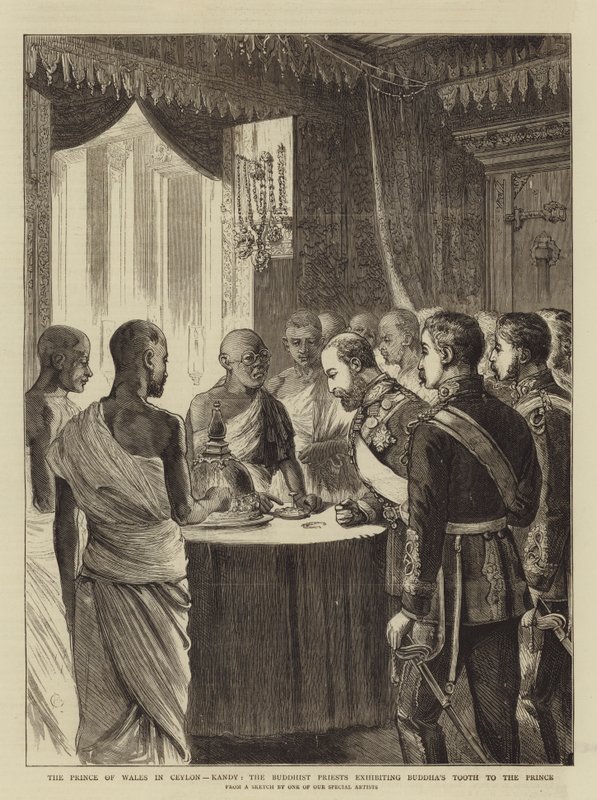 Prinsen av Wales i Ceylon, Kandy, de buddhistiske prestene som viser ut Buddhas tann til prinsen av Alfred Chantrey Corbould